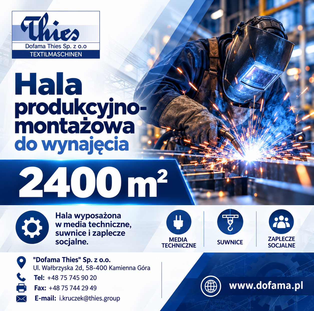 Do wynajęcia hala produkcyjno-montażowa w Kamiennej Górze o powierzchni 2400 m²